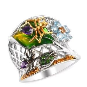 Amethyst, Citrine, Chrome Diopside, Topaz Nature Ring Plat over Sterling…